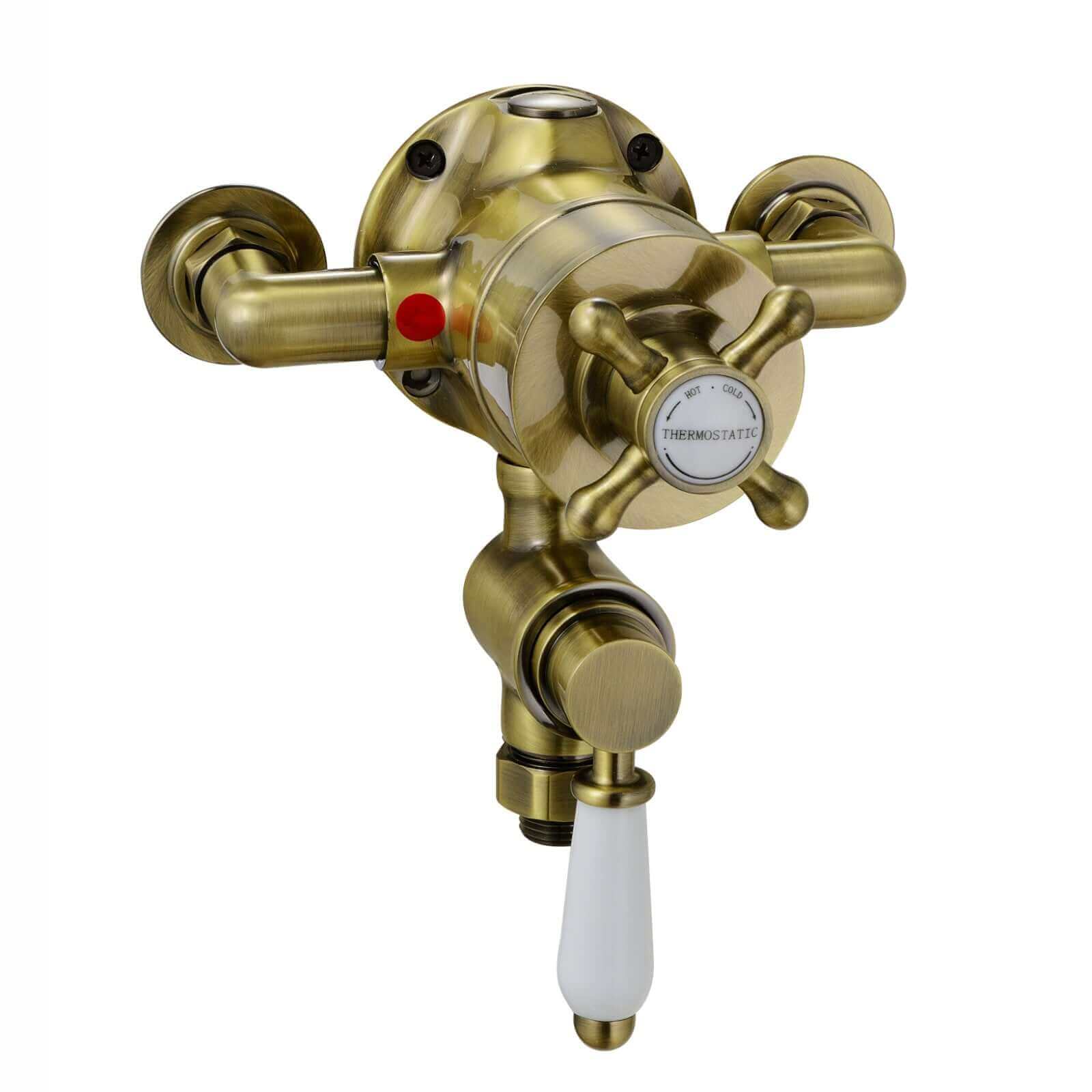Buy Downton traditional twin thermostatic shower valve bottom 1/2" outlet - antique brass Online UK | HOUSE OF ENKI